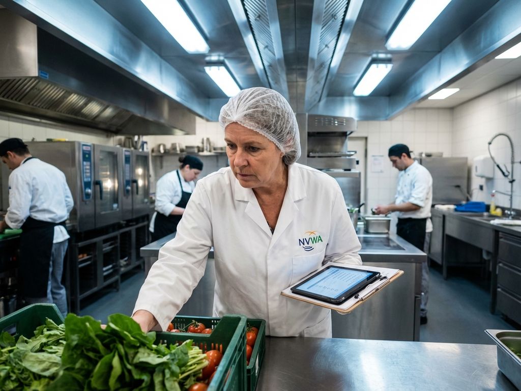 NVWA voedselveiligheidsinspecteur in witte jas onderzoekt verse producten met tablet in moderne commerciële keuken