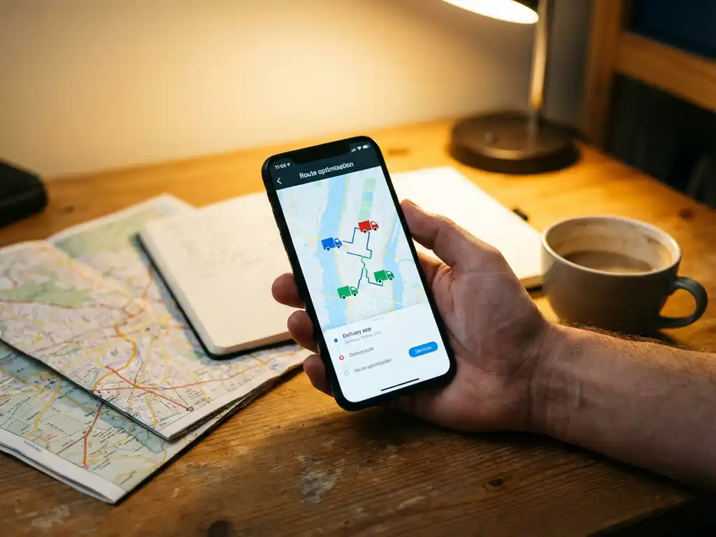 Smartphone met route-optimalisatie app toont bezorgtrucks op digitale kaart, op houten bureau naast papieren kaarten