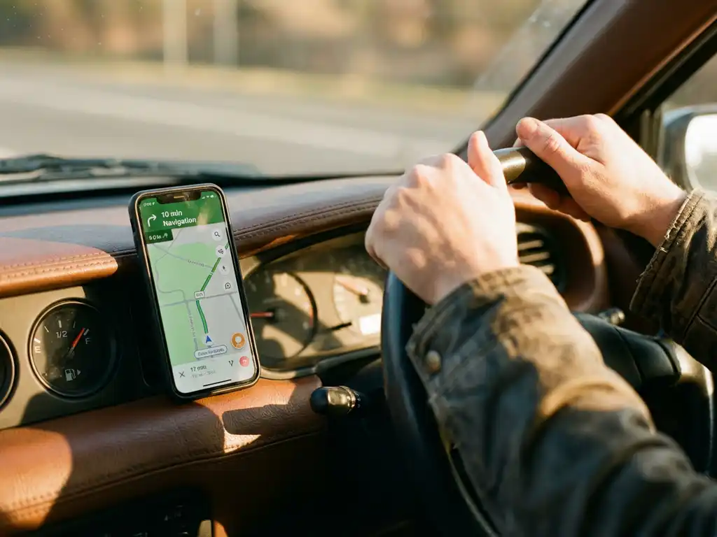 Smartphone met GPS-navigatie op autodashboard, bijna volle tank, bestuurder aan het stuur in ochtendlicht