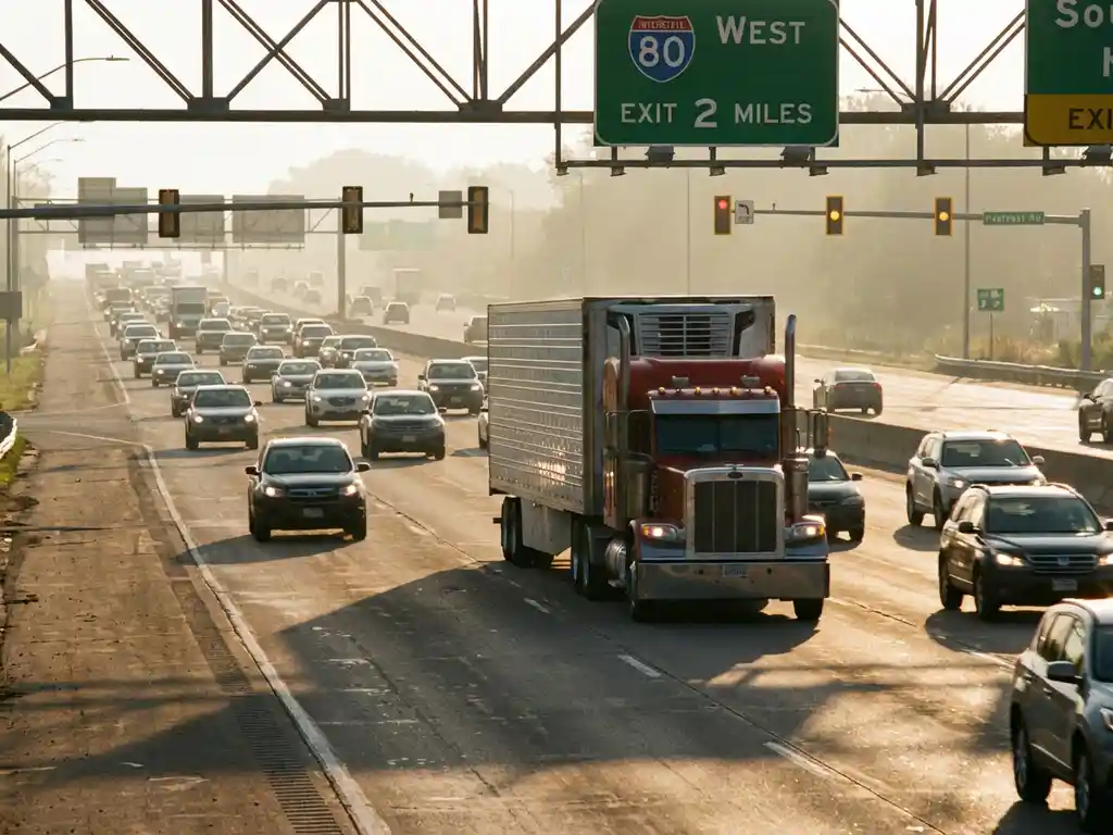 Drukke snelweg met vrachtwagen en auto's in meerdere rijstroken tijdens gouden uur met lange schaduwen
