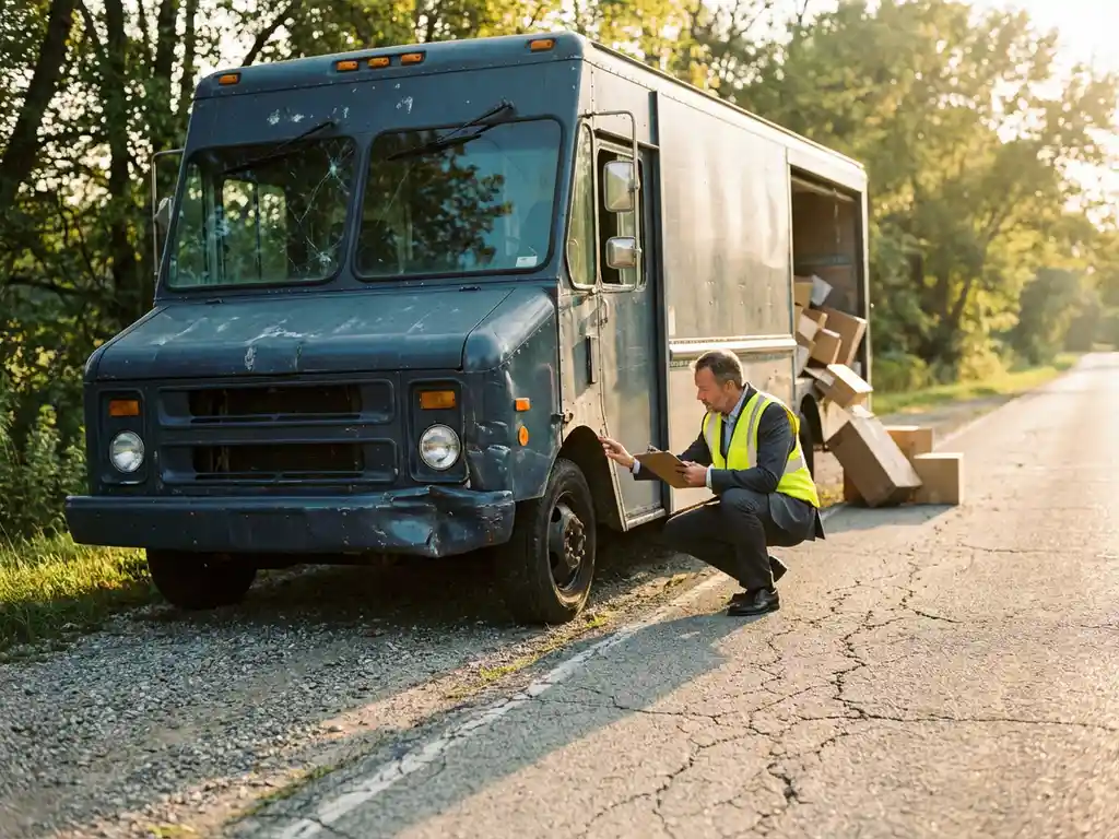 Verzekeringsexpert onderzoekt beschadigde bezorgwagen met gebroken voorruit en gedeukte bumper langs de weg