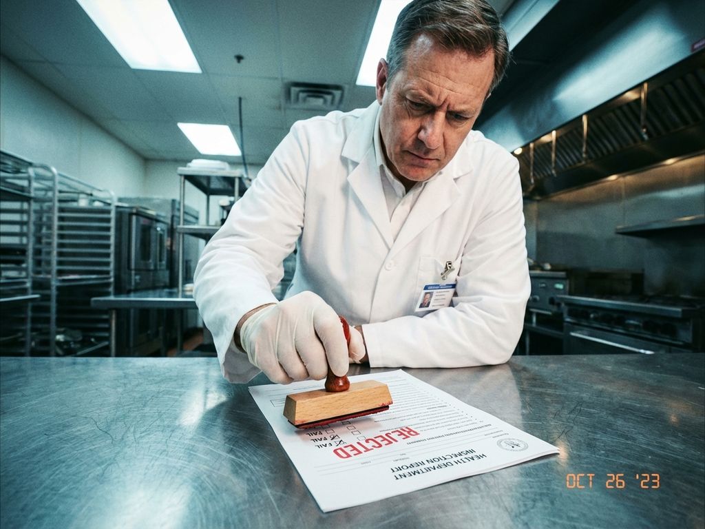 Voedselinspecteur in witte jas houdt rode afkeuringsstempel boven inspectiedocument op roestvrijstalen tafel