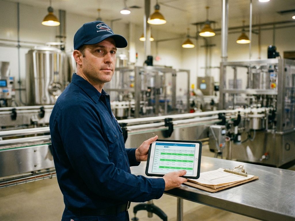 Professionele inspecteur met digitale tablet in moderne voedselverwerkingsfaciliteit met roestvrijstalen apparatuur