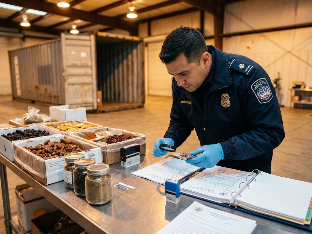 Professionele inspecteur controleert geïmporteerde voedselproducten op roestvrijstalen tafel met certificaten