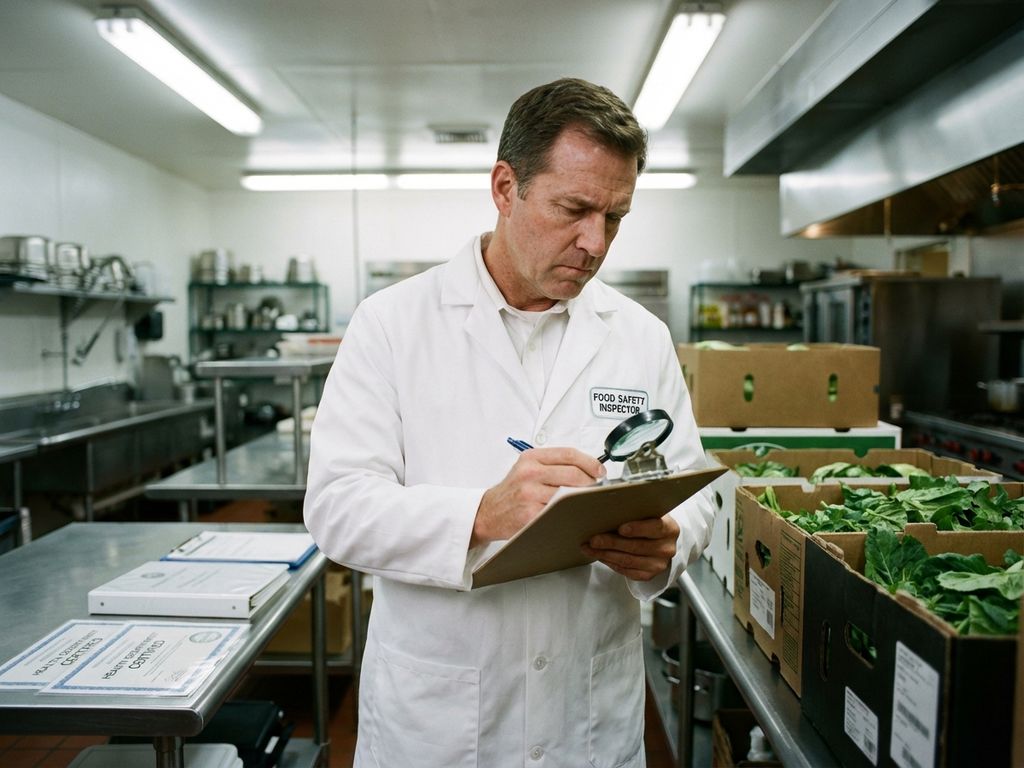 Professionele voedselinspecteur in witte jas controleert verse producten in moderne commerciële keuken met klembord