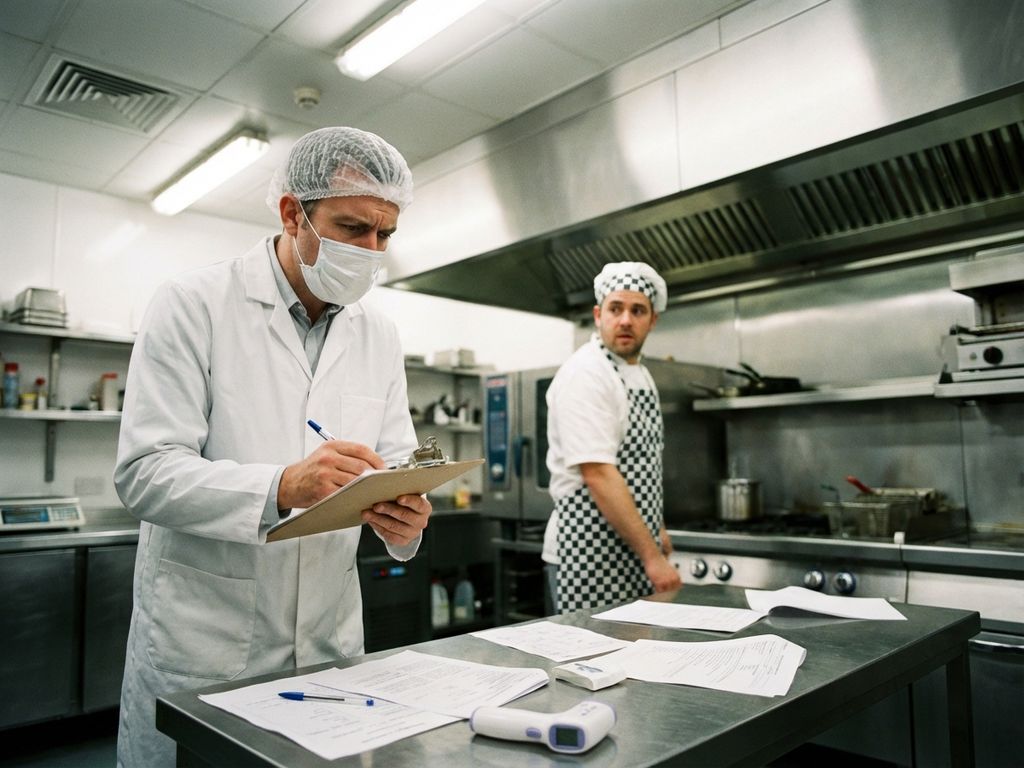 Voedselinspecteur in witte jas onderzoekt klembord met bezorgde uitdrukking in moderne commerciële keuken