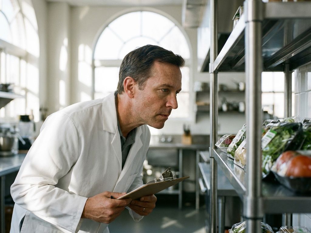 Professionele voedselinspecteur met klembord controleert producten in moderne commerciële keuken met roestvrijstalen rekken
