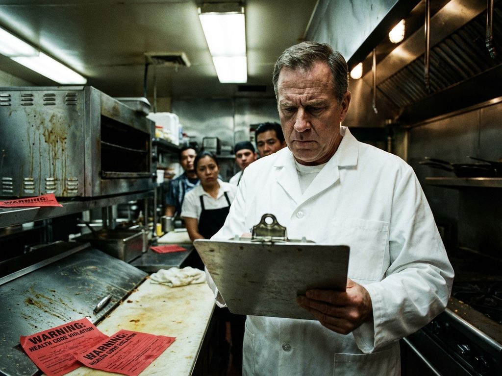 Voedselinspecteur in witte jas onderzoekt klembord in verwaarloosde commerciële keuken met veiligheidsovertredingen