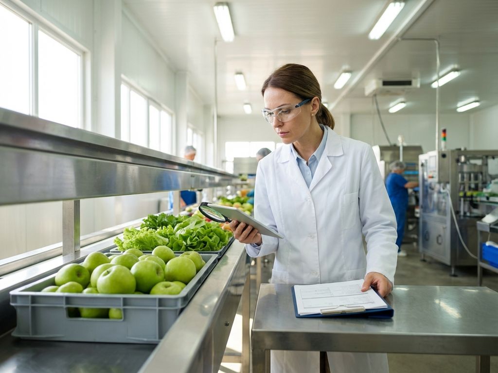 Professionele voedselinspecteur onderzoekt verse producten met digitale tablet in moderne verwerkingsfaciliteit