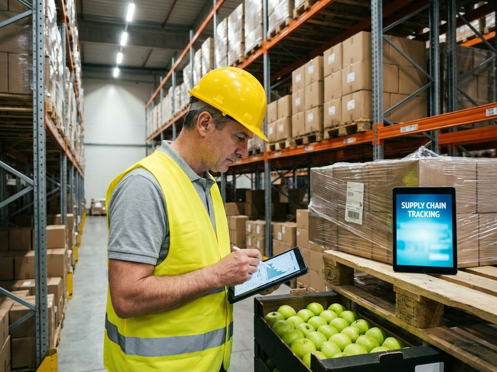 Professionele inspecteur in reflecterend vest controleert verse producten in moderne voedselmagazijn met tablet