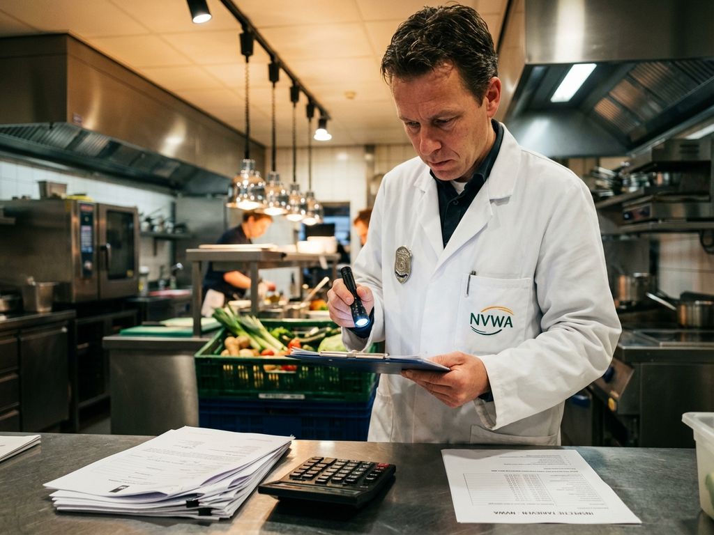 NVWA-voedselinspecteur in witte jas controleert verse producten met klembord in moderne commerciële keuken