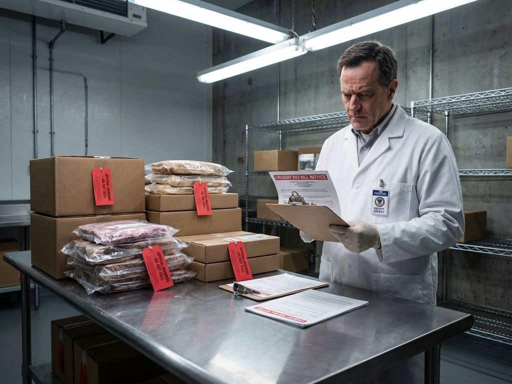 Voedselinspecteur in laboratoriumjas controleert klembord bij teruggeroepen voedselproducten met rode waarschuwingslabels