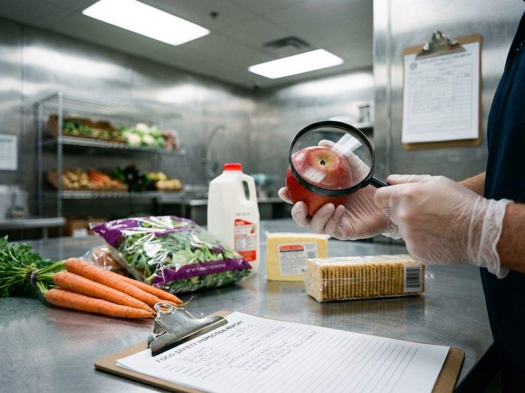 Voedselinspecteur onderzoekt verse appel met vergrootglas op roestvrijstalen tafel met groenten en zuivelproducten