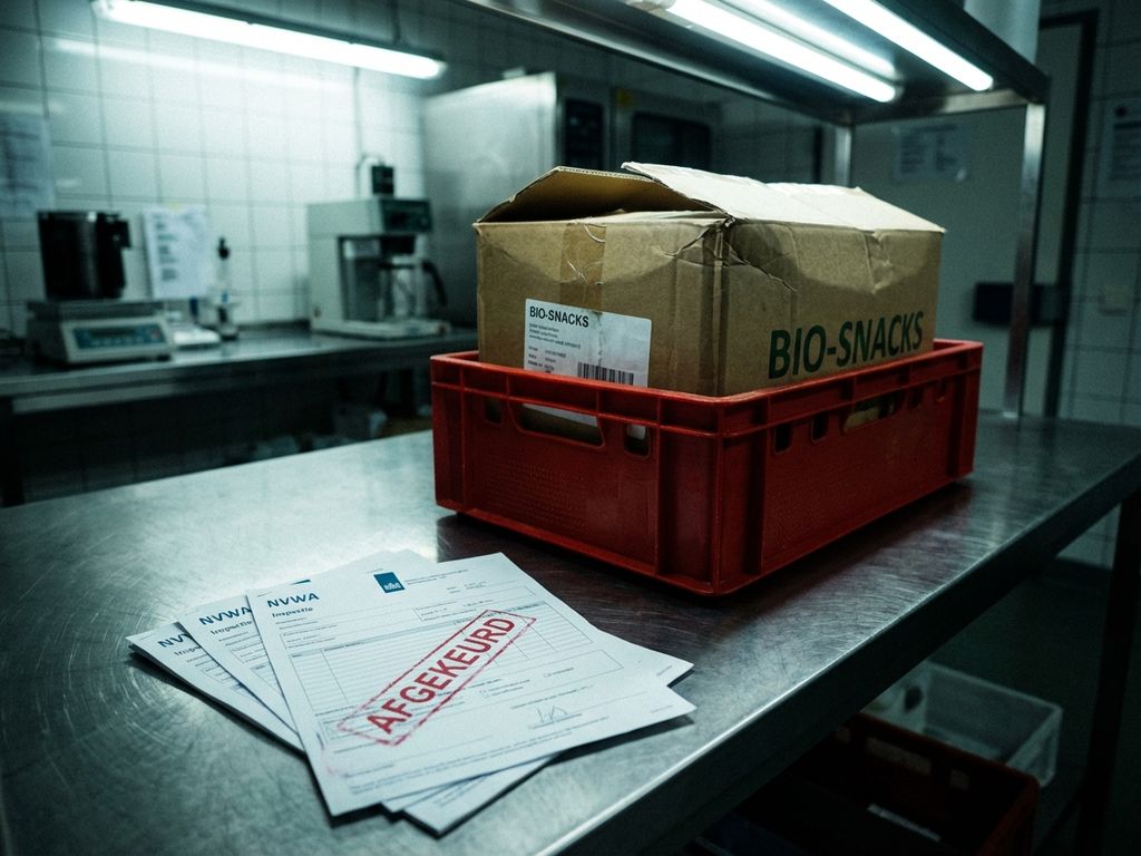 Afgekeurde voedselproducten in rode krat op inspectietafel met NVWA afkeuringsdocumenten en rode stempel in laboratorium