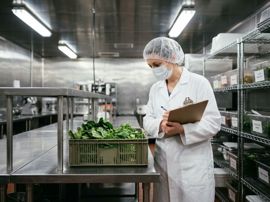 Voedselkeuringsinspecteur in witte jas onderzoekt verse producten met klembord in professionele keuken