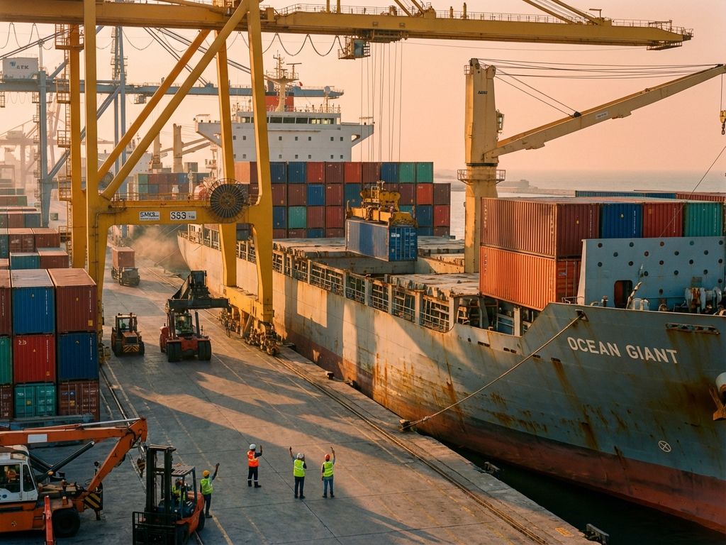 Groot vrachtschip wordt geladen met containers door hijskraan in internationale haven tijdens gouden uur