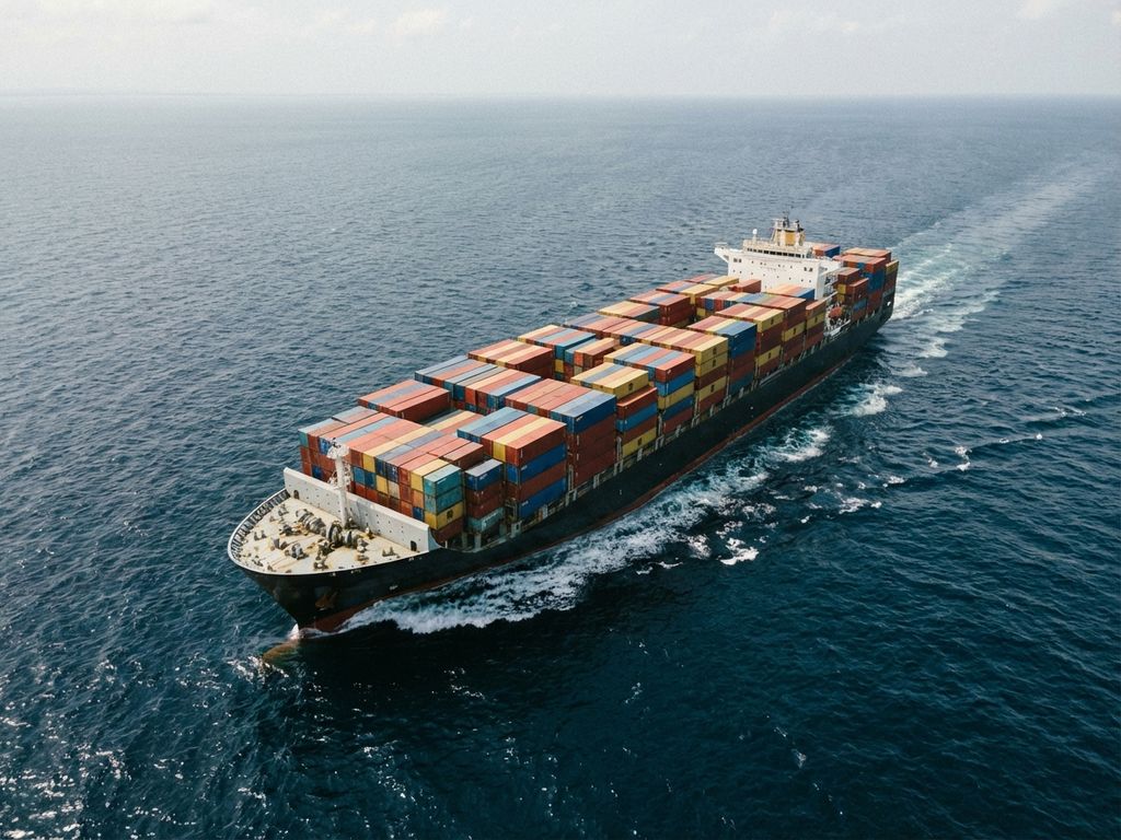 Groot containerschip met kleurrijke containers vaart door diepe blauwe oceaan, luchtfoto toont indrukwekkende schaal
