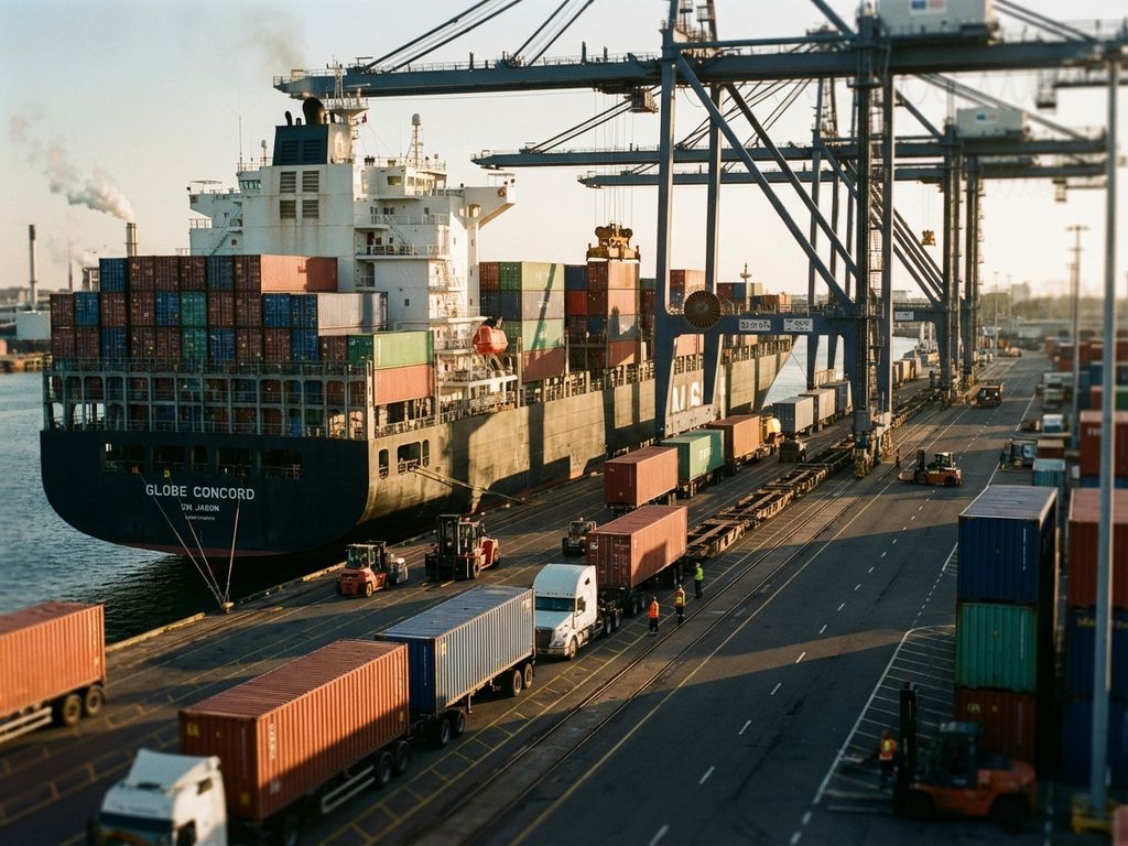 Groot vrachtschip aan haventerminal met kleurrijke containers die worden overgeladen op treinen en vrachtwagens