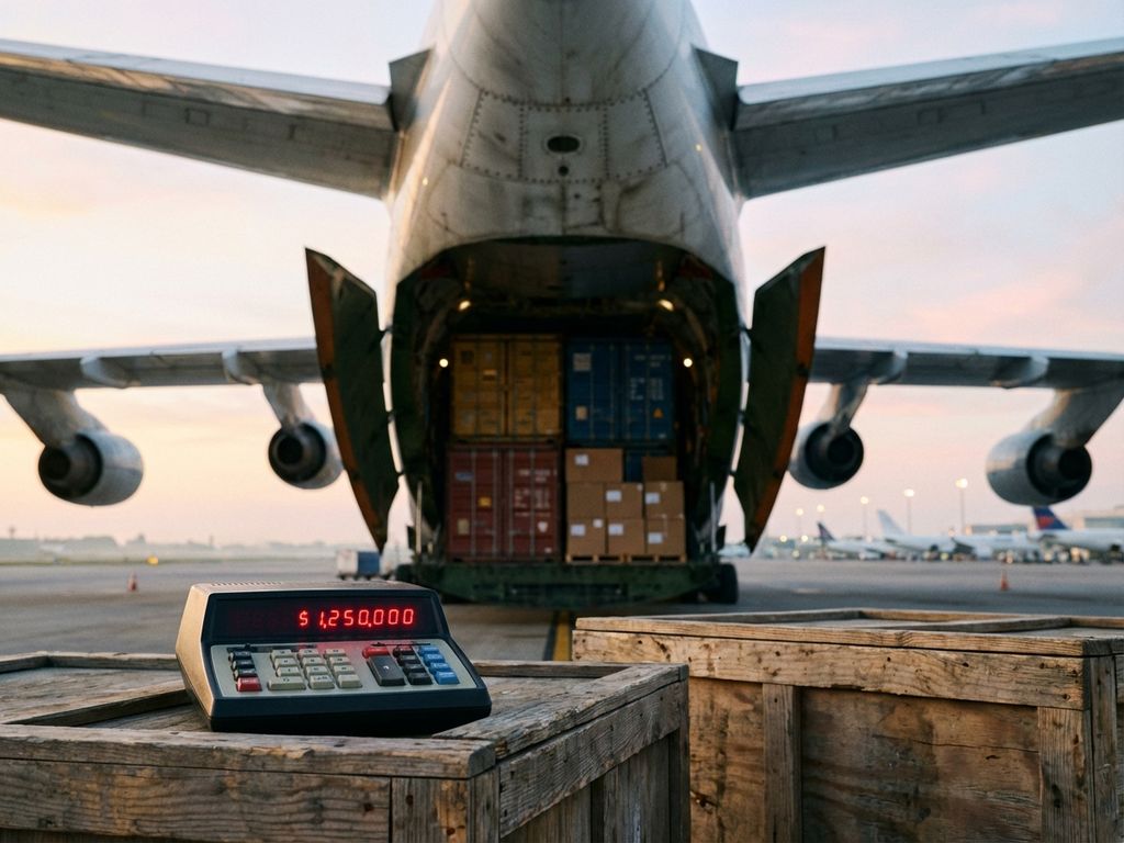 Cargo vliegtuig met open laadruim vol containers, calculator op houten kisten toont transportkosten op luchthaven
