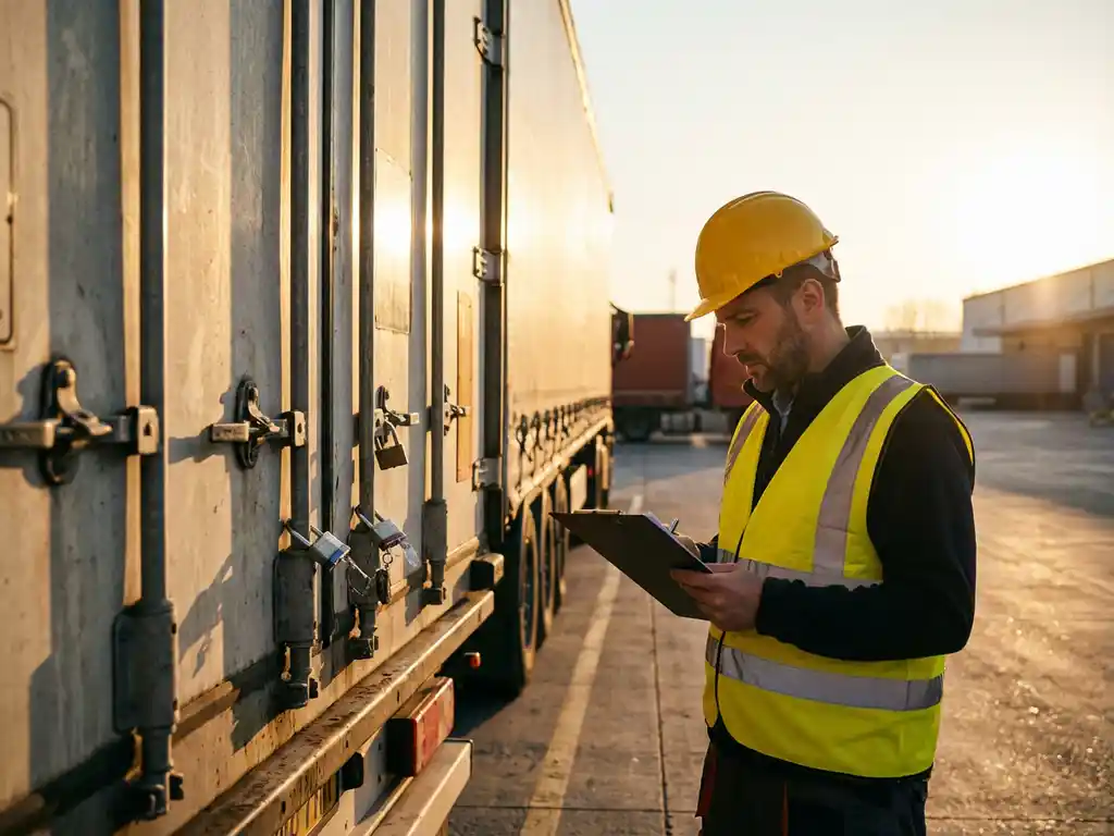 Vrachtwagen met beveiligde achterdeuren en chauffeur die inspectie uitvoert bij laadperron van logistiek magazijn