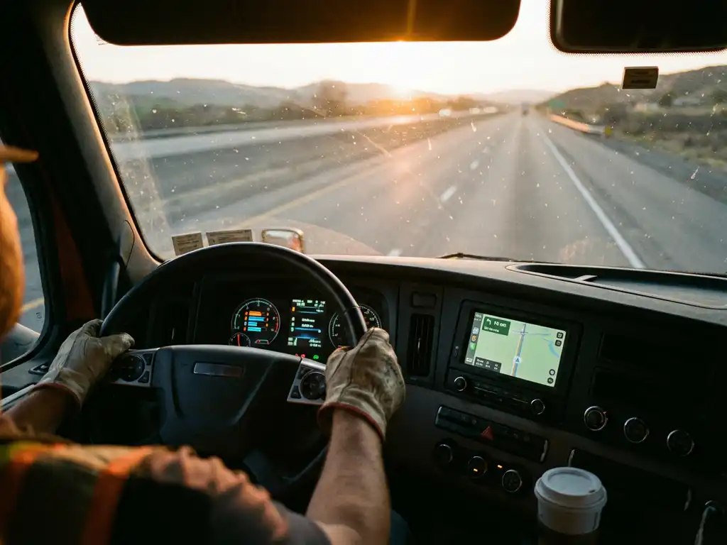 Moderne vrachtwagen dashboard met digitale display toont prestatiemetrieken, bestuurder achter stuur op snelweg bij zonsondergang