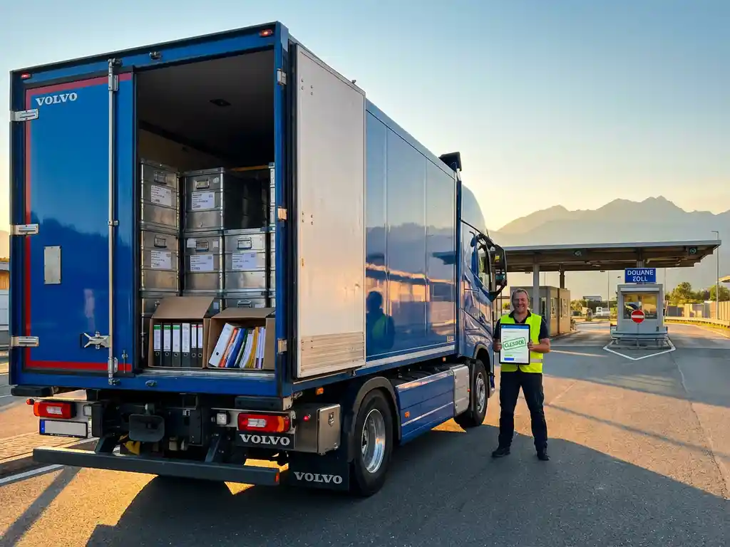 Europese vrachtwagen bij grenscontrole met chauffeur in hesje die digitale douaneformulieren op tablet toont