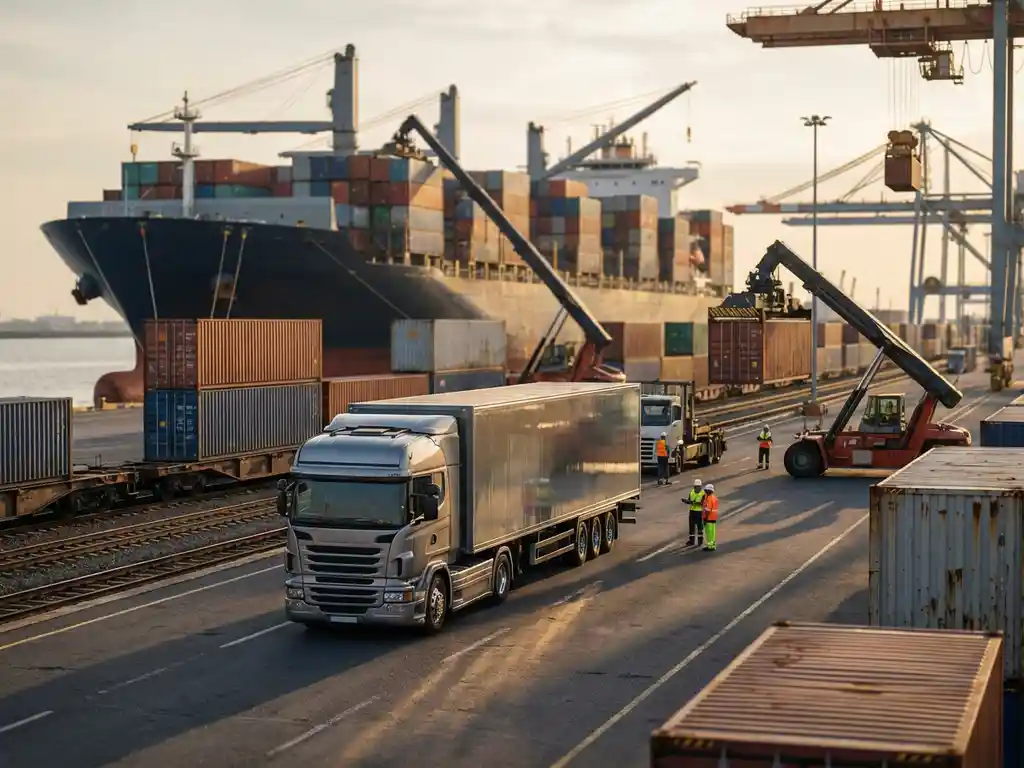 Moderne vrachtwagen in intermodale transportterminal met trein en vrachtschip op achtergrond tijdens gouden uur