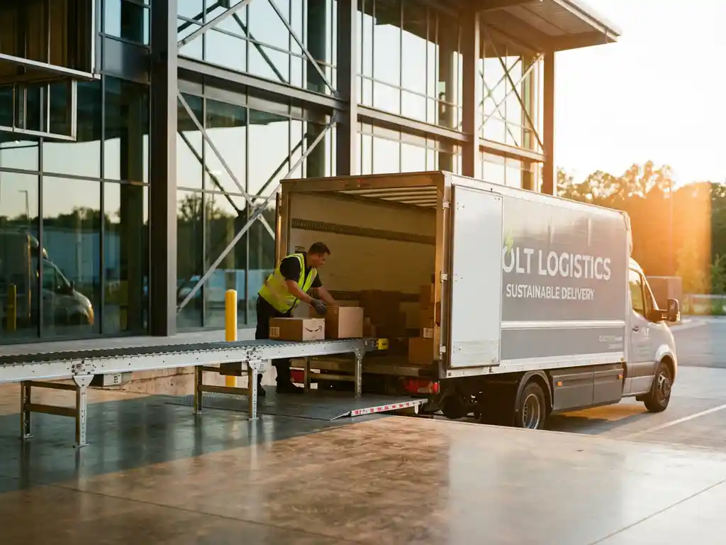 Moderne bezorgwagen bij magazijn laadperron met pakketten op transportband tijdens gouden uur