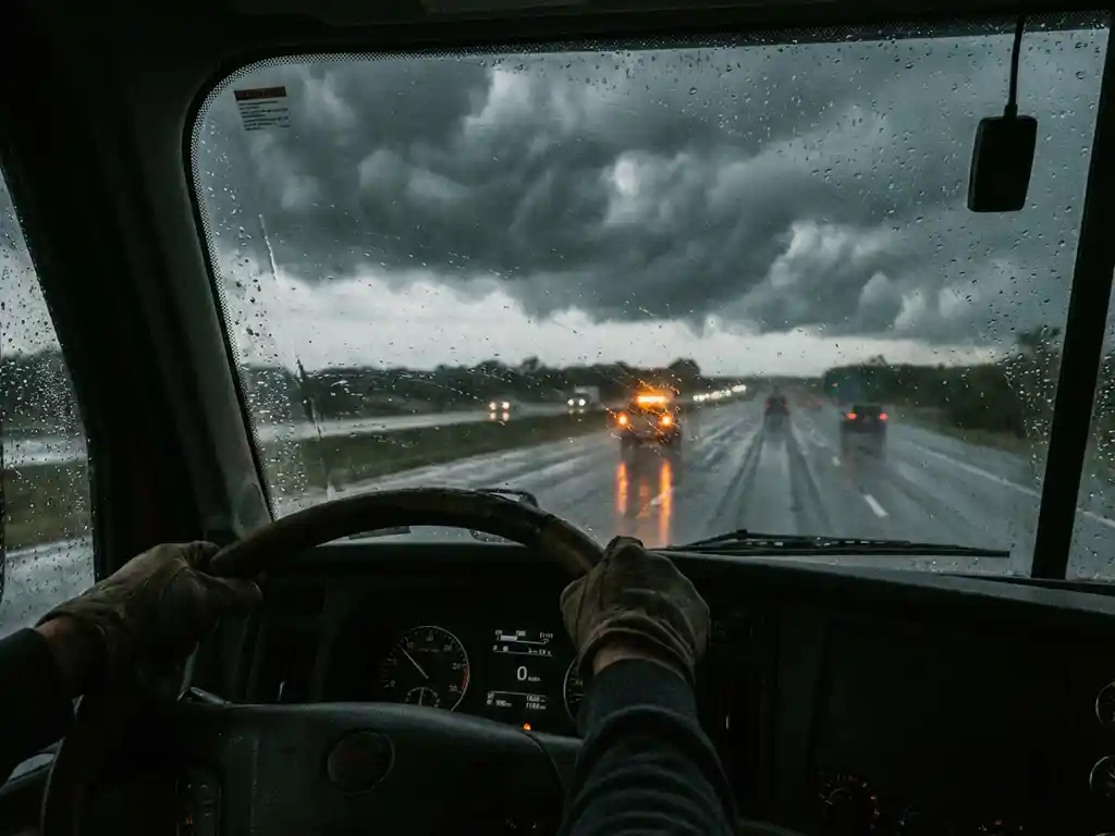 Vrachtwagenchauffeur rijdt door hevige storm op natte snelweg, handen gespannen aan stuur, regen op voorruit