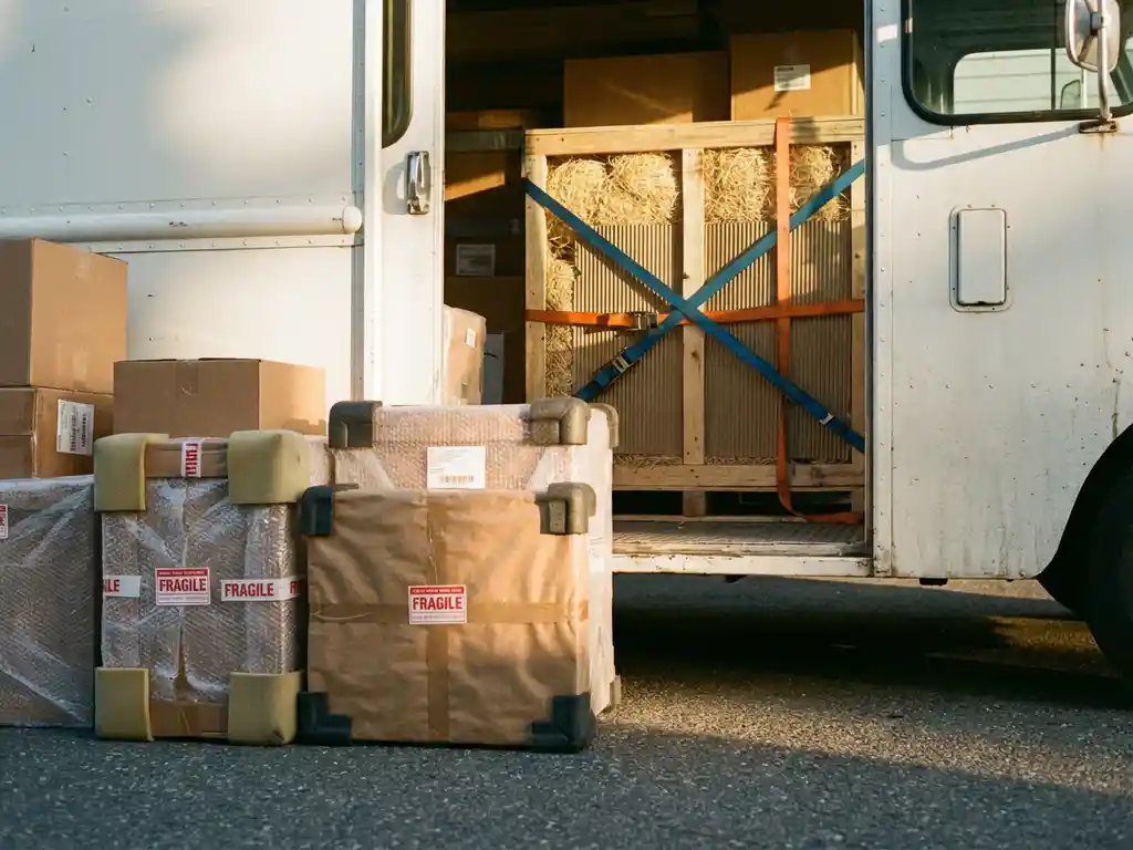 Leveringsvrachtwagen met open laadruimte vol veilig verpakte fragiele pakketten in bubbeltjesplastic en schuim