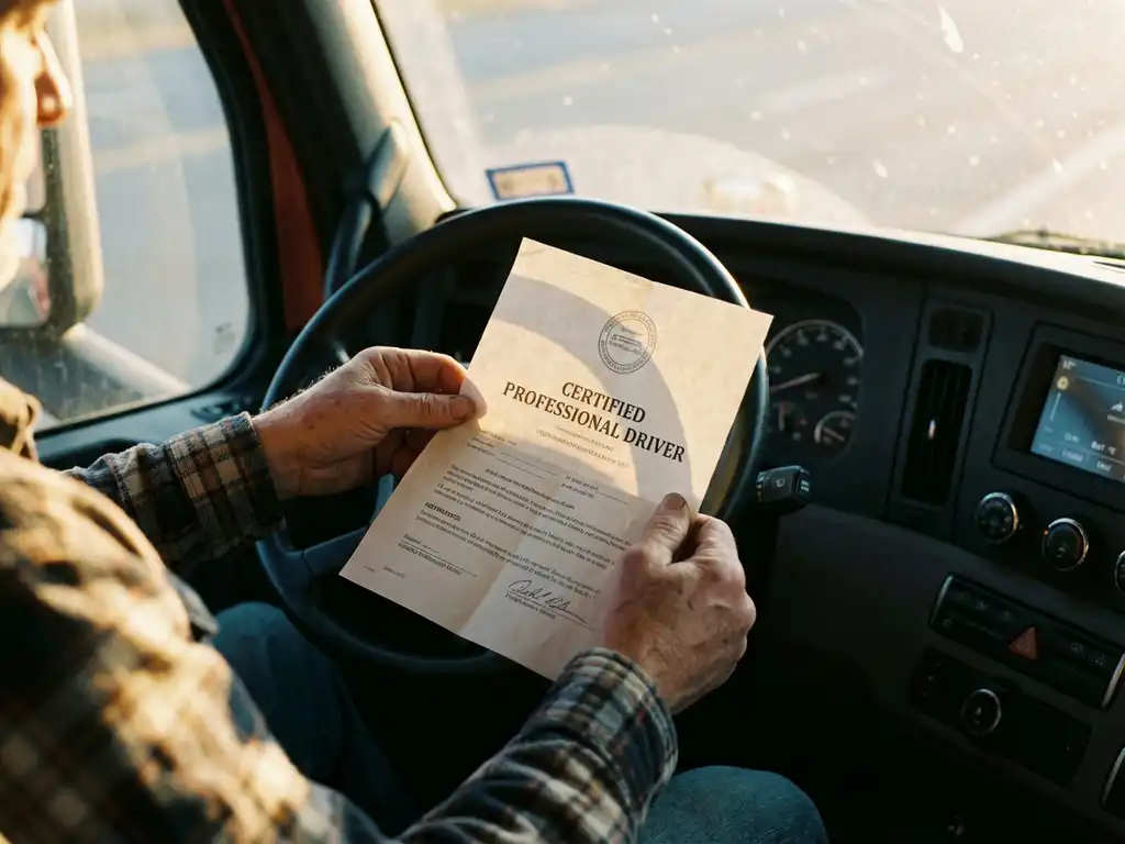 Professionele vrachtwagenchauffeur houdt certificaat vast in cabine van vrachtwagen tijdens gouden uur