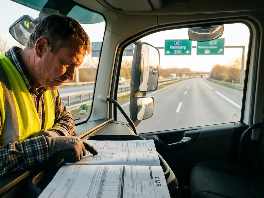 Europese vrachtwagenchauffeur in hesje controleert CMR-documenten in cabine van witte truck op snelweg