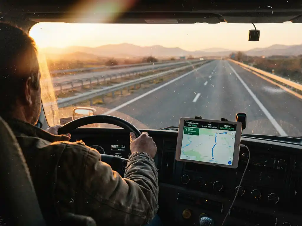 Vrachtwagenchauffeur houdt stuur vast en bekijkt dashboard tablet met GPS-tracking op Europese snelweg bij zonsondergang