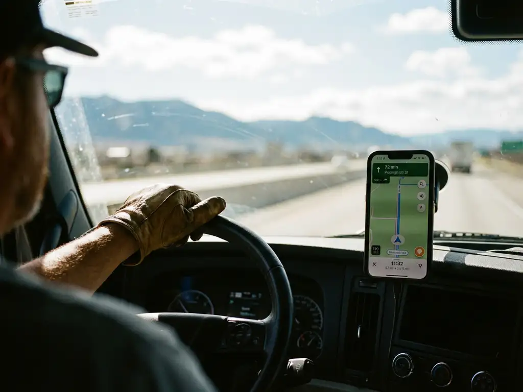 Vrachtwagenchauffeur gebruikt smartphone-GPS navigatie tijdens het rijden, dashboard gemonteerd apparaat toont routekaart