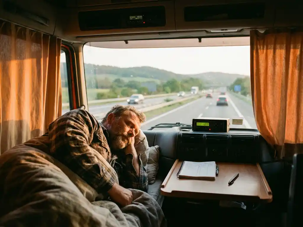 Professionele vrachtwagenchauffeur rust in slaapcabine met tachograaf en logboek zichtbaar tijdens gouden uur op Europese snelweg