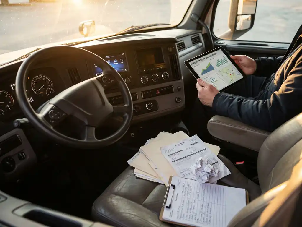 Professionele vrachtwagenchauffeur met tablet en papieren documenten in moderne cabine, digitale en analoge logistiek