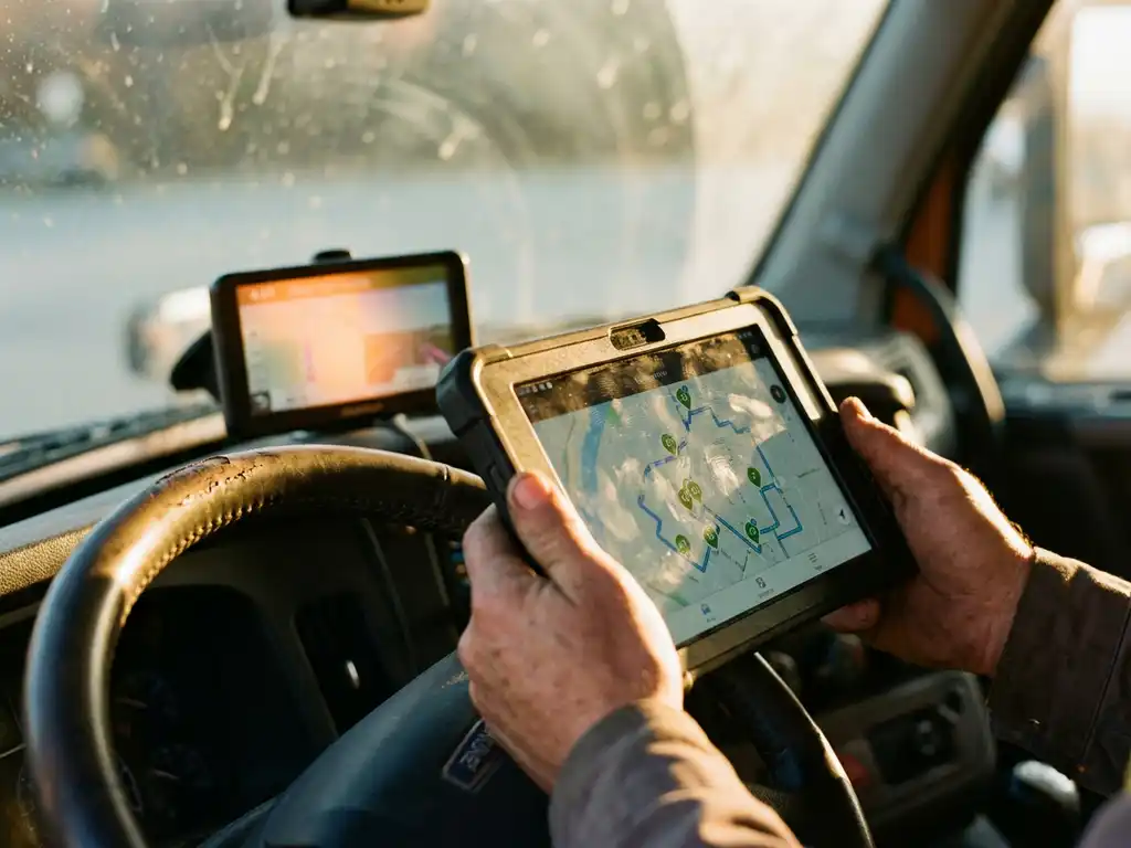 Vrachtwagenchauffeur houdt tablet vast met routekaart en bezorgpunten in cabine van commerciële truck