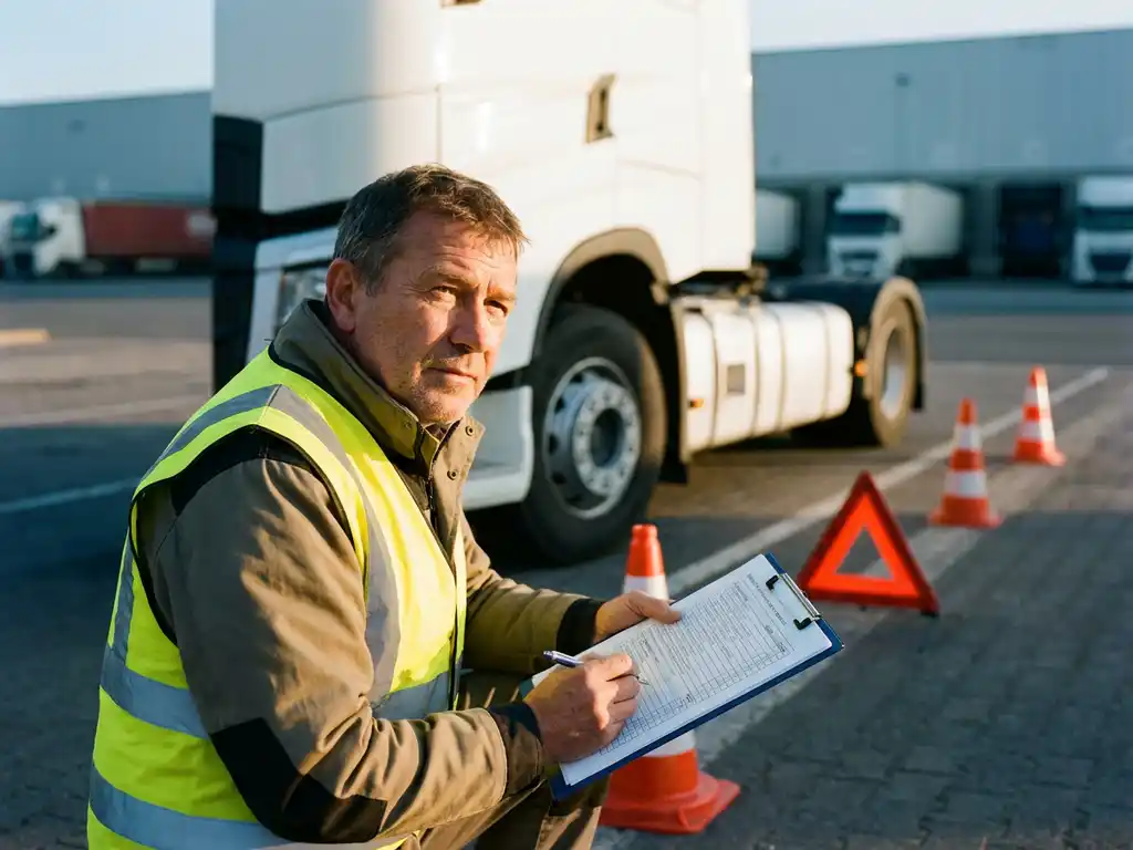 Vrachtwagenchauffeur in veiligheidshesje controleert checklist naast witte vrachtwagen op logistiek depot