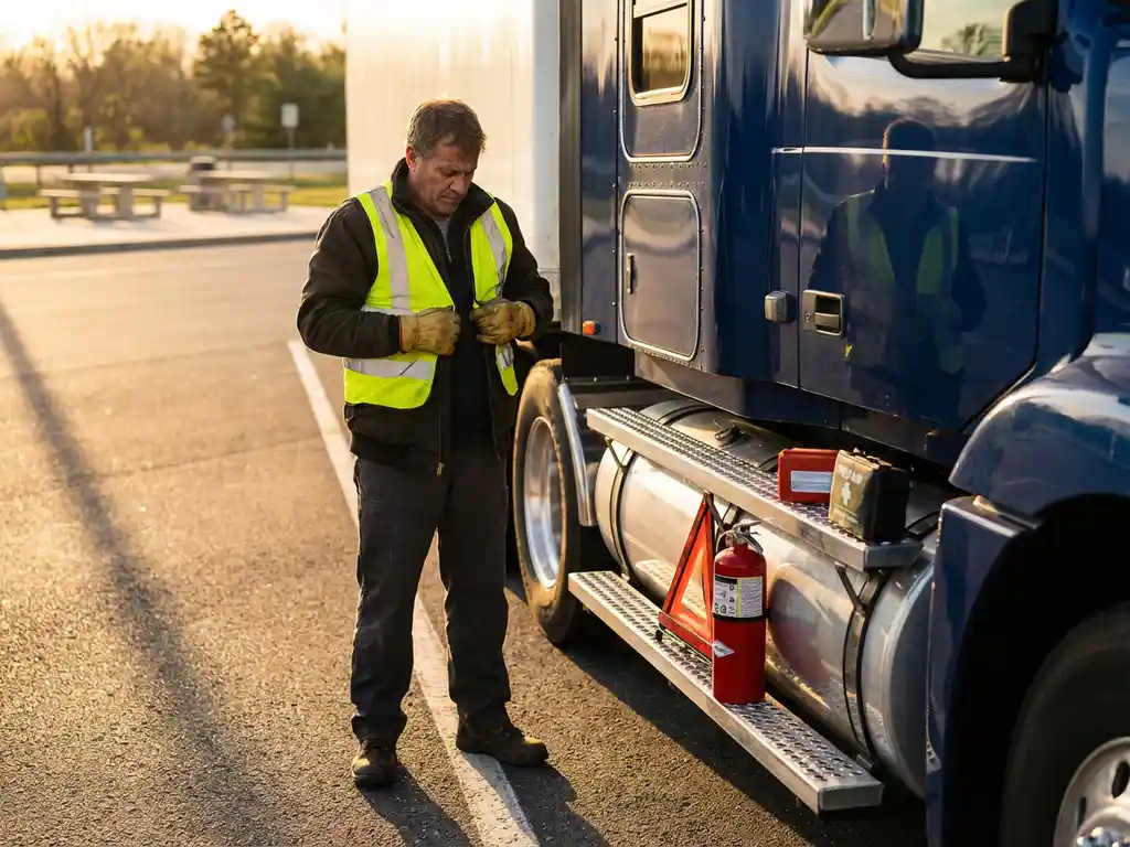 Professionele vrachtwagenchauffeur past veiligheidsvest aan naast moderne vrachtwagen met verplichte veiligheidsuitrusting