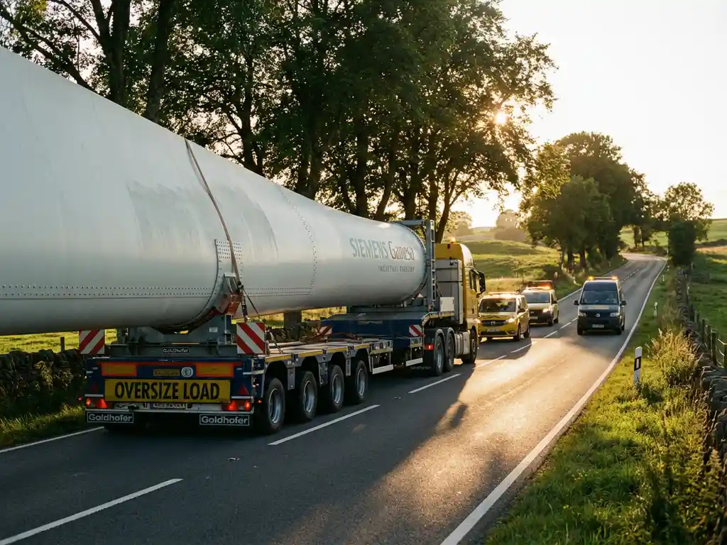 Grote witte windturbineblad wordt vervoerd op speciale vrachtwagen met begeleiding door Europees landschap bij zonsondergang