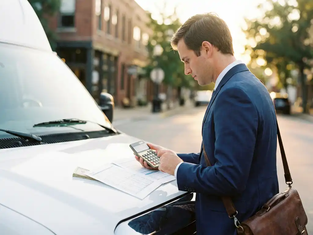 Zakenman in marineblauw pak met rekenmachine bij witte bestelwagen met financiële documenten op motorkap