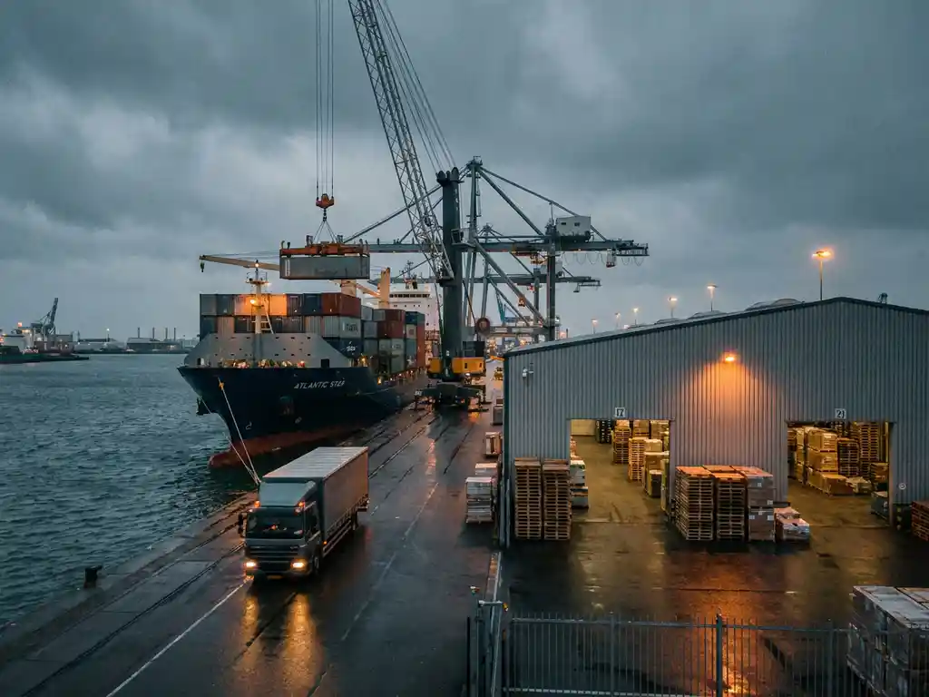 Vrachtschip lost stapels zeecontainers bij drukke Rotterdamse haven, magazijn met palletgoederen en wachtende vrachtwagen op de kade.