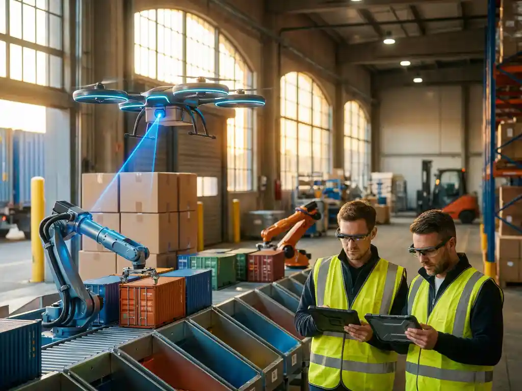 Autonome bezorgdrone scant pakketten met blauwe laser boven moderne magazijnlaadperron terwijl robotarmen containers sorteren