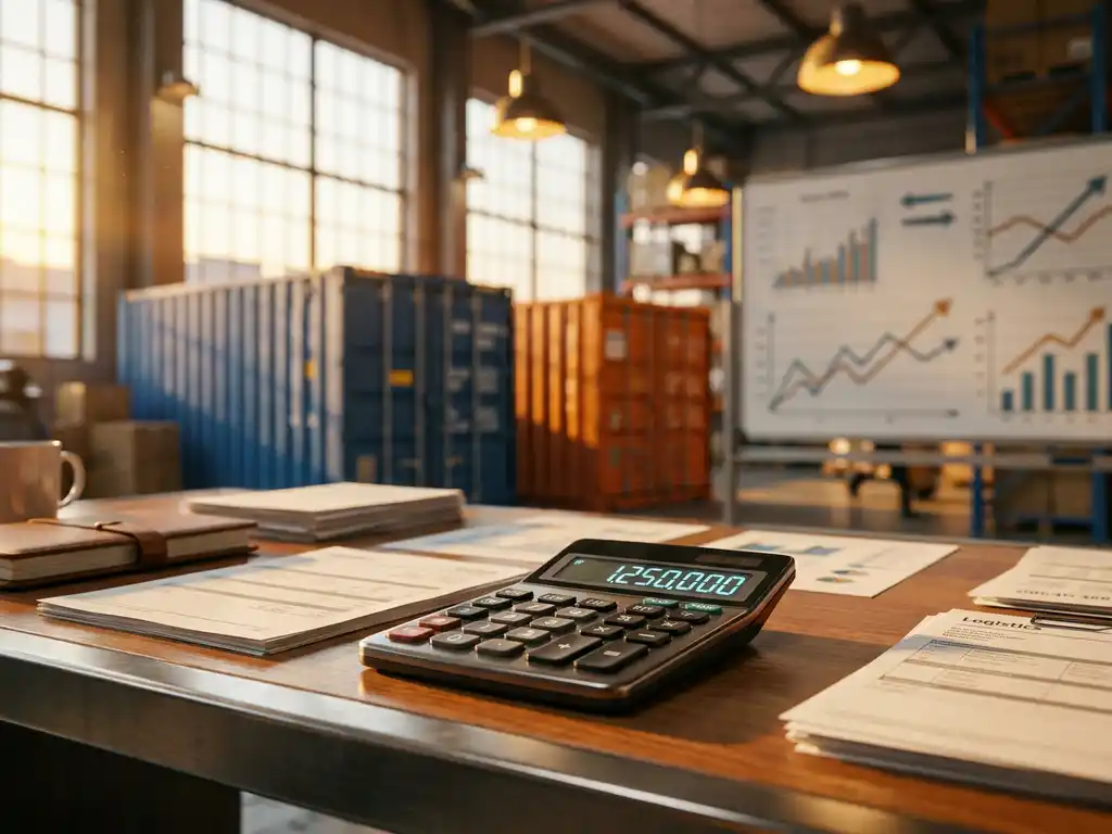 Rekenmachine met financiële cijfers op magazijnbureau naast verzendcontainers en logistieke documenten in gouden uurtje