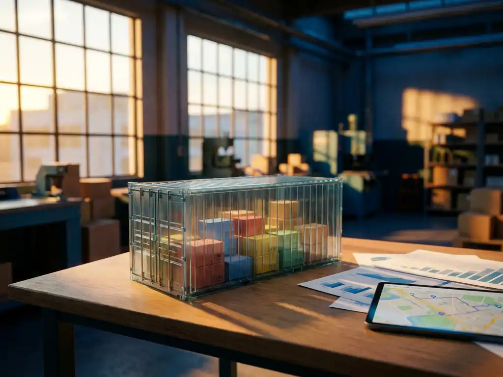Glazen verzendcontainer gevuld met kleurrijke vrachtdozen op modern magazijnbureau met logistieke documenten en tablet