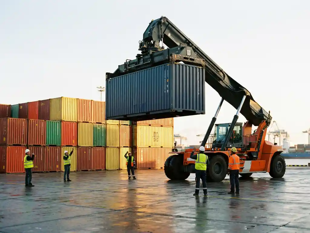 Kraan tilt kleurrijke zeecontainer op in drukke Europese haventerminaal tijdens gouden uur, arbeiders coördineren beneden