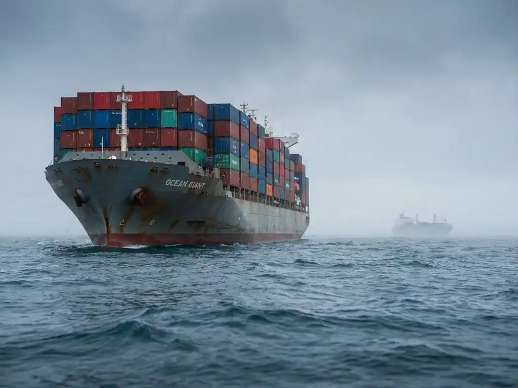 Containerschip geladen met kleurrijke stapels containers vaart door een bewolkte oceaan, tweede schip zichtbaar in de nevel.