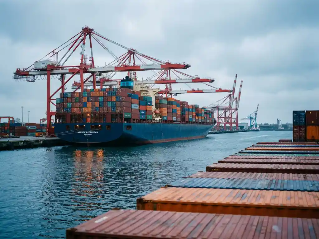 Containerschip met kleurrijke containers aangemeerd in Rotterdam haven, rode en witte kranen, gestapelde containers in geometrische patronen