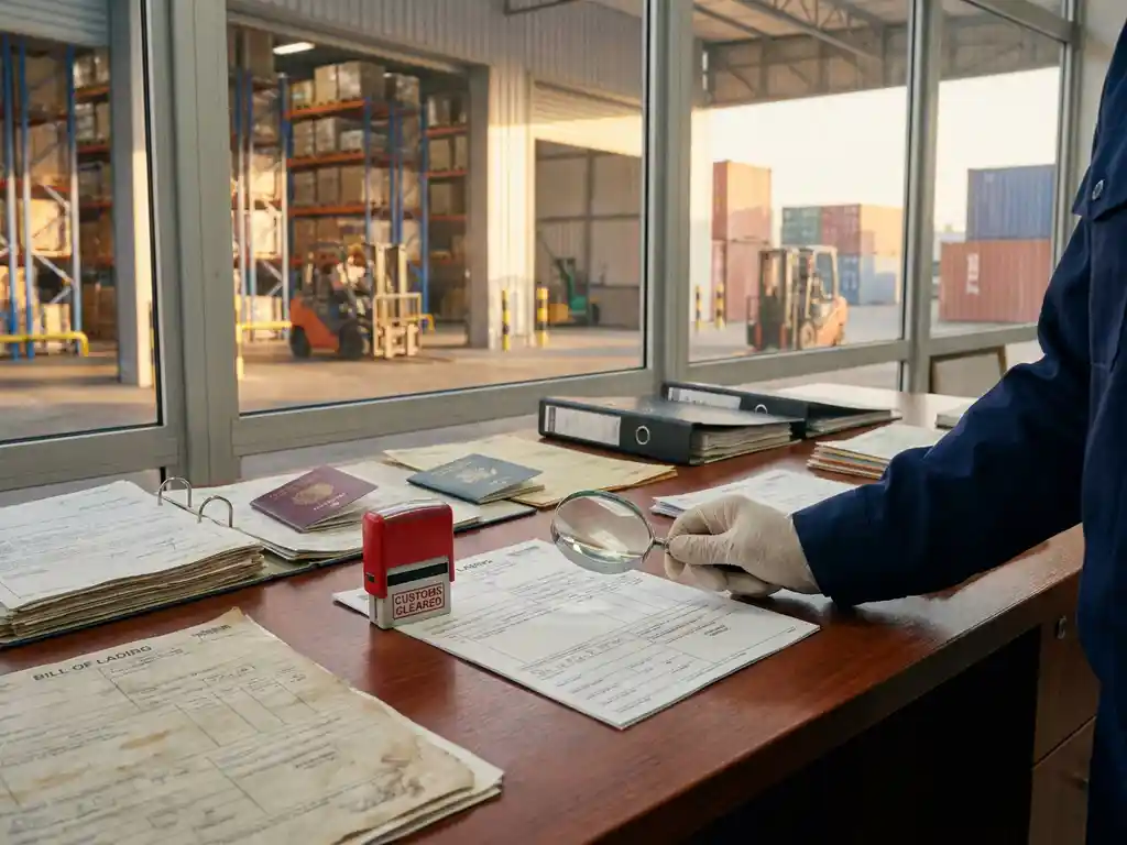 Douanebeambte controleert internationale verzendingsdocumenten op houten bureau met magazijn op achtergrond