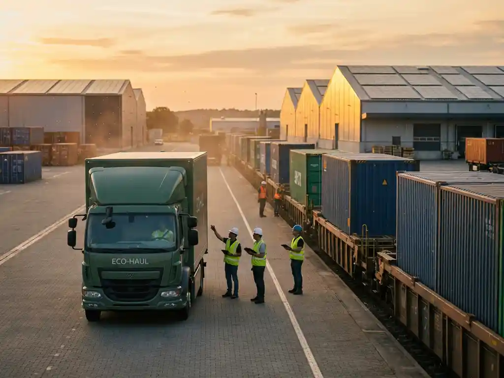 Elektrische vrachtauto en moderne goederentrein op intermodaal terminal met zonnepanelen op magazijndaken